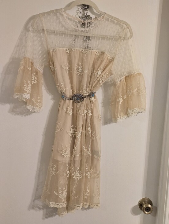 POL Dresses & Skirts - POL Sheer Ivory Lace Floral Embroidered Overlay Dress With Belle Sleeves Sz S